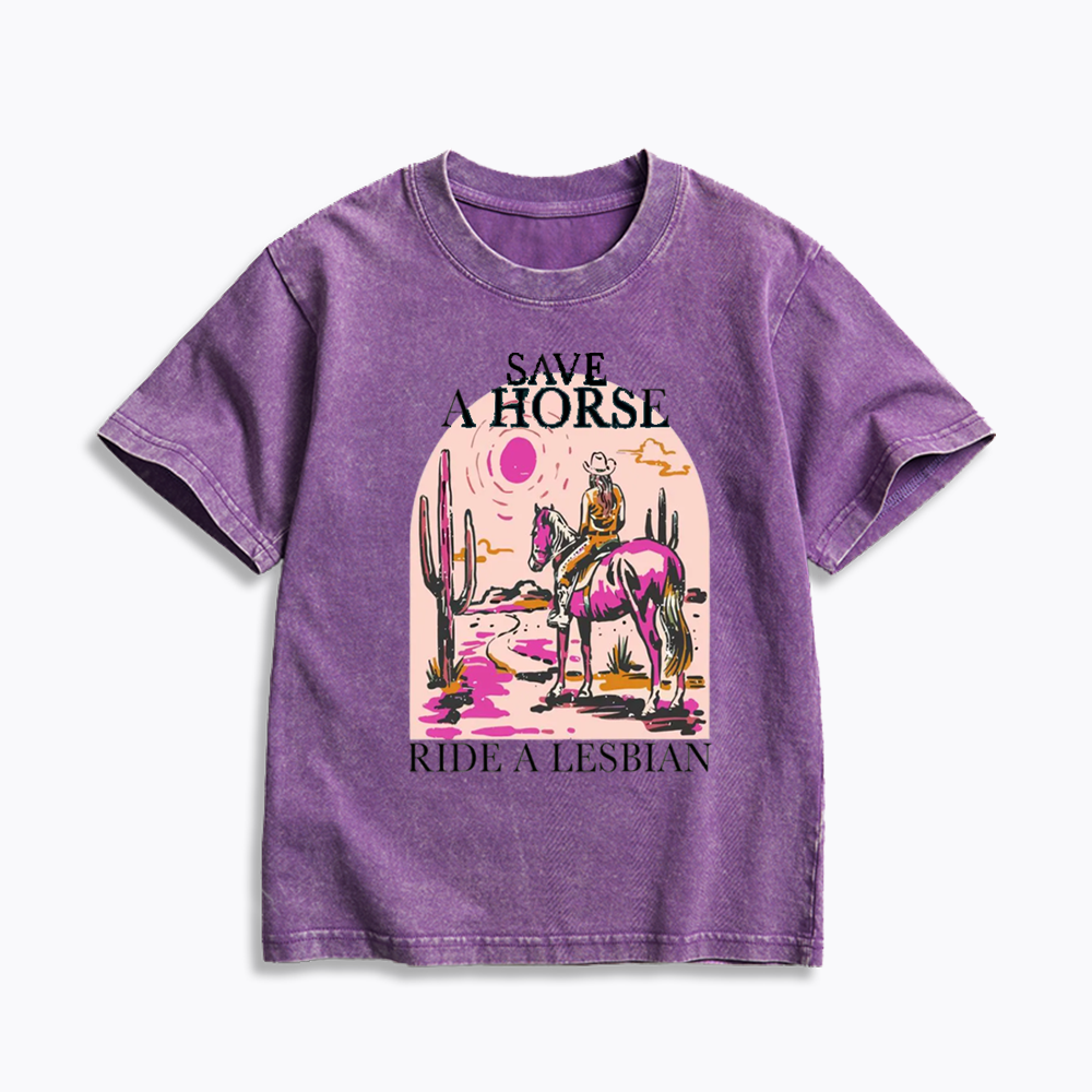 Save A Horse Ride A Lesbian Kids Washed T-Shirts