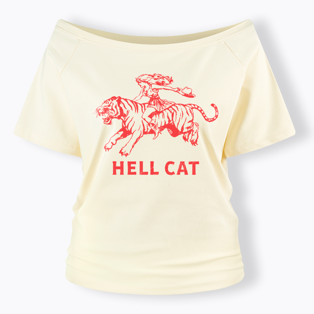 Vintage Cowgirl Hell Cat Off Shoulder T-Shirt