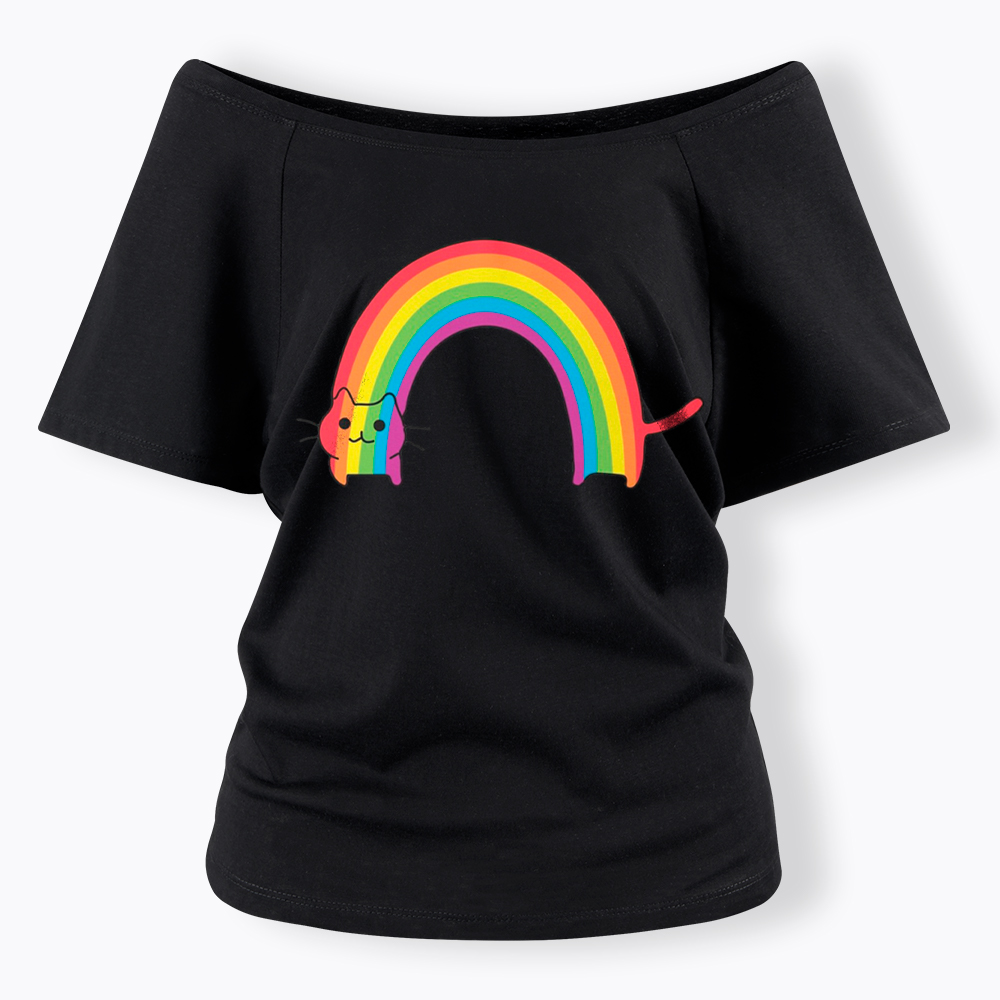 Rainbow Cat Off Shoulder T-Shirt