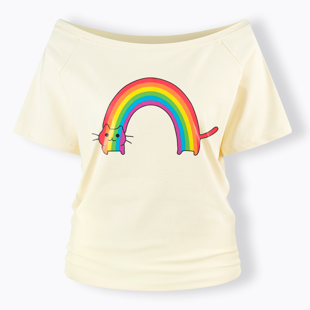 Rainbow Cat Off Shoulder T-Shirt
