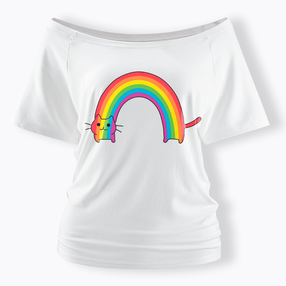 Rainbow Cat Off Shoulder T-Shirt