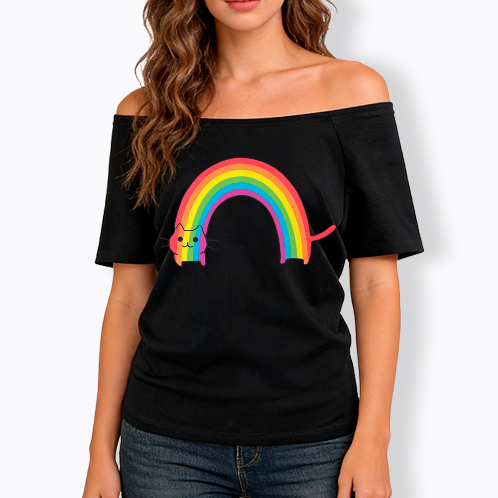 Rainbow Cat Off Shoulder T-Shirt
