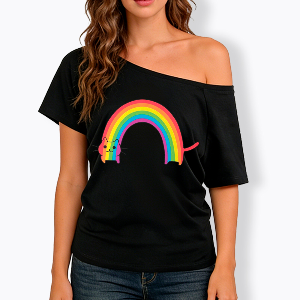 Rainbow Cat Off Shoulder T-Shirt