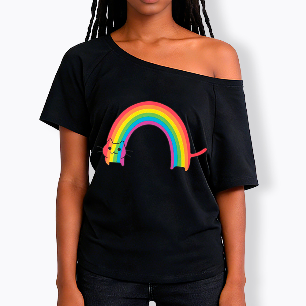 Rainbow Cat Off Shoulder T-Shirt