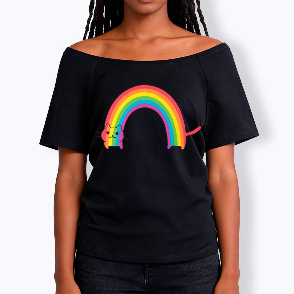Rainbow Cat Off Shoulder T-Shirt
