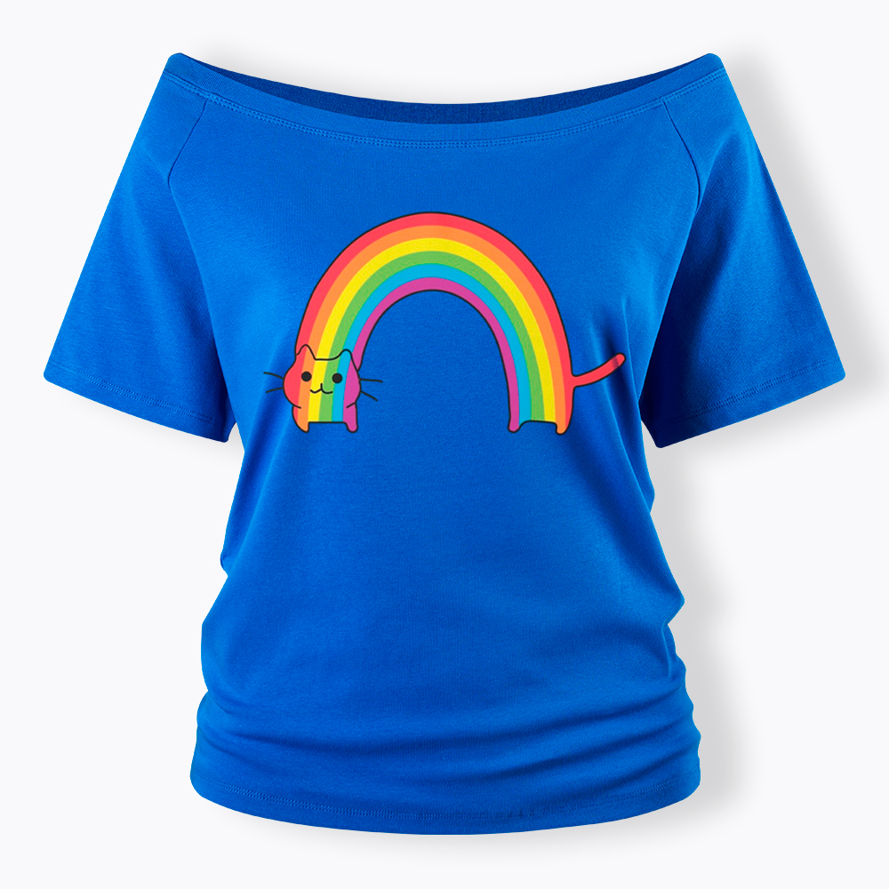 Rainbow Cat Off Shoulder T-Shirt