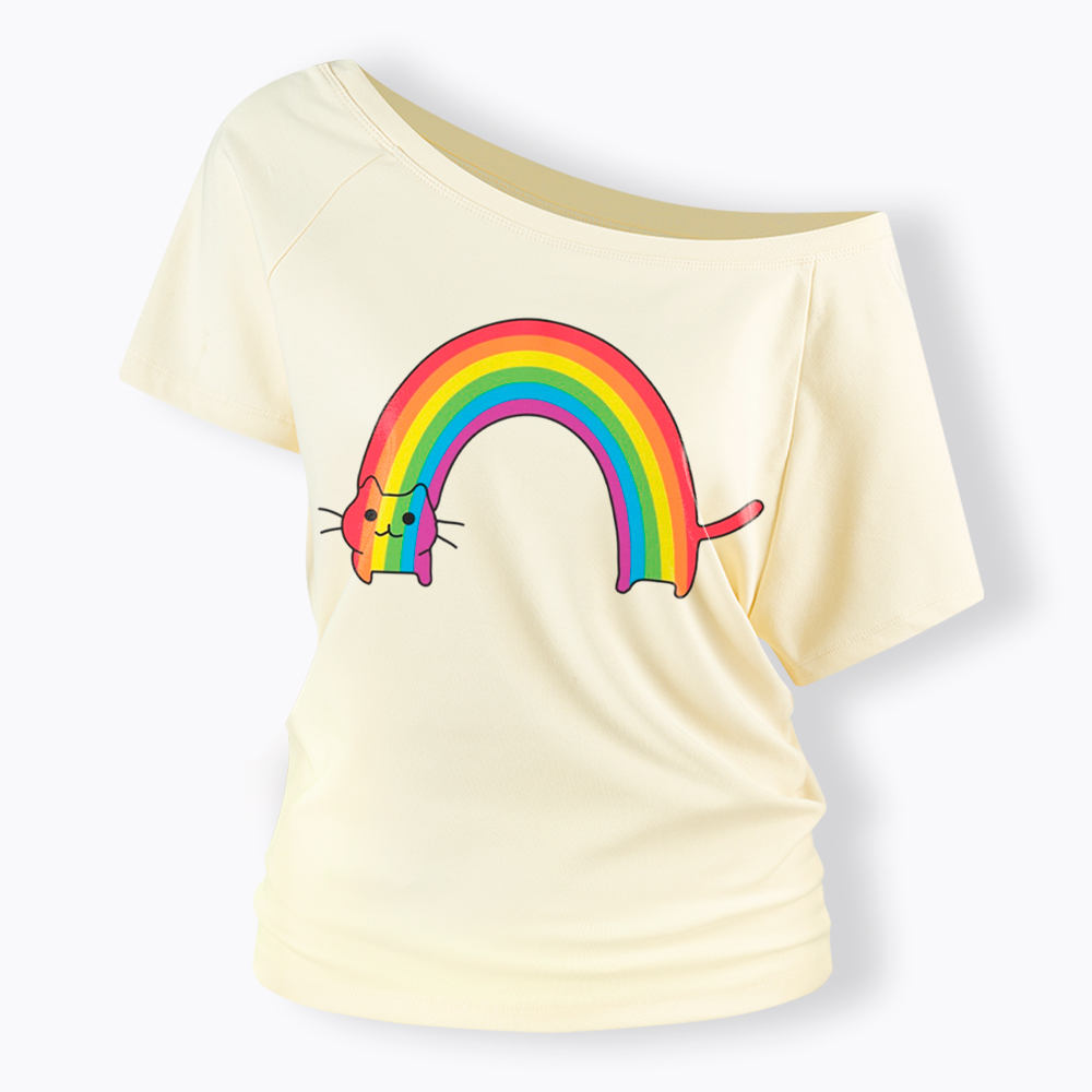 Rainbow Cat Off Shoulder T-Shirt