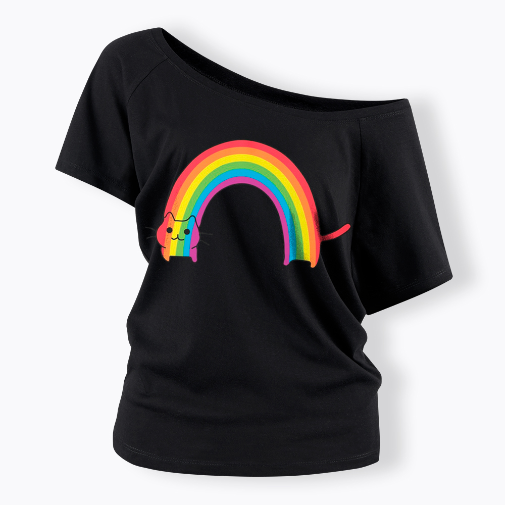Rainbow Cat Off Shoulder T-Shirt