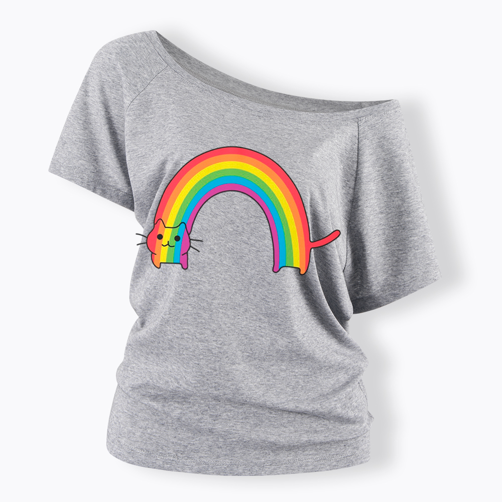 Rainbow Cat Off Shoulder T-Shirt