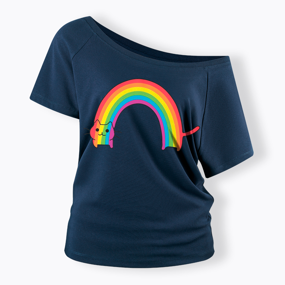 Rainbow Cat Off Shoulder T-Shirt