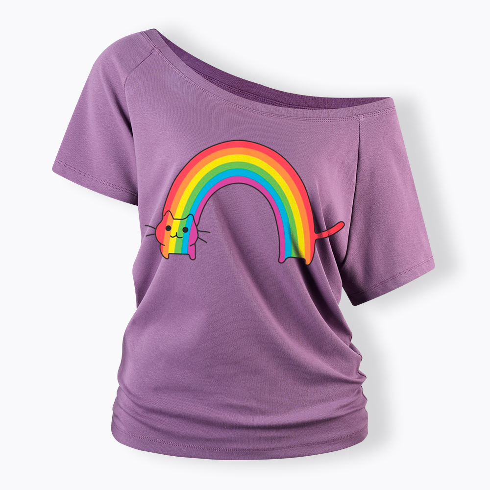 Rainbow Cat Off Shoulder T-Shirt