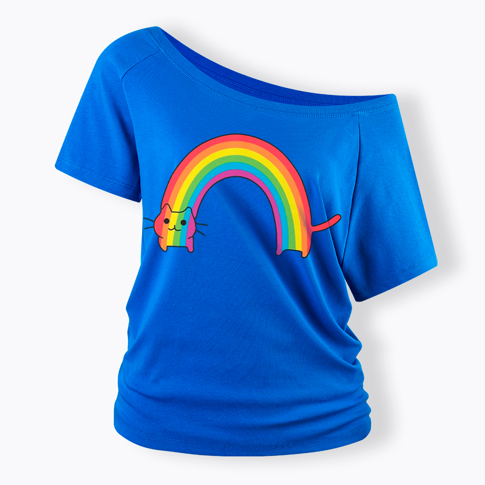 Rainbow Cat Off Shoulder T-Shirt
