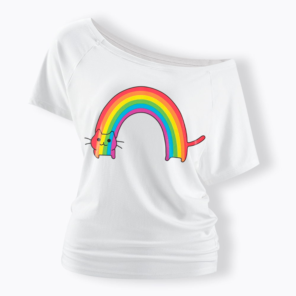 Rainbow Cat Off Shoulder T-Shirt