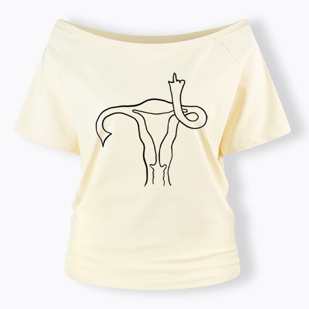 Pro Choice Uterus Middle Finger Off Shoulder T-Shirt