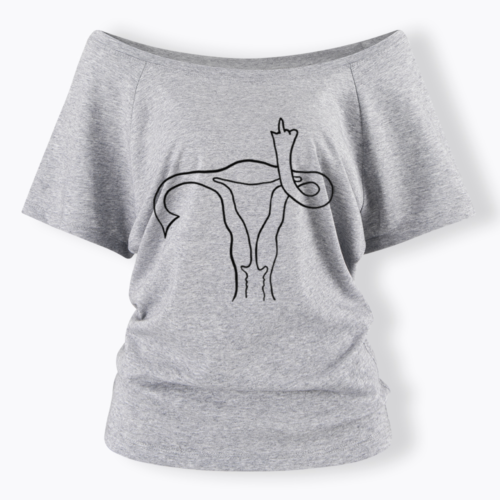 Pro Choice Uterus Middle Finger Off Shoulder T-Shirt