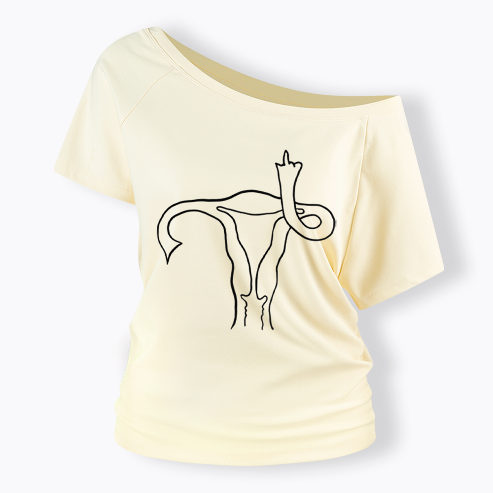 Pro Choice Uterus Middle Finger Off Shoulder T-Shirt