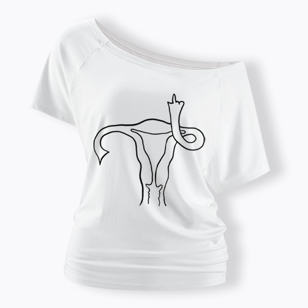 Pro Choice Uterus Middle Finger Off Shoulder T-Shirt