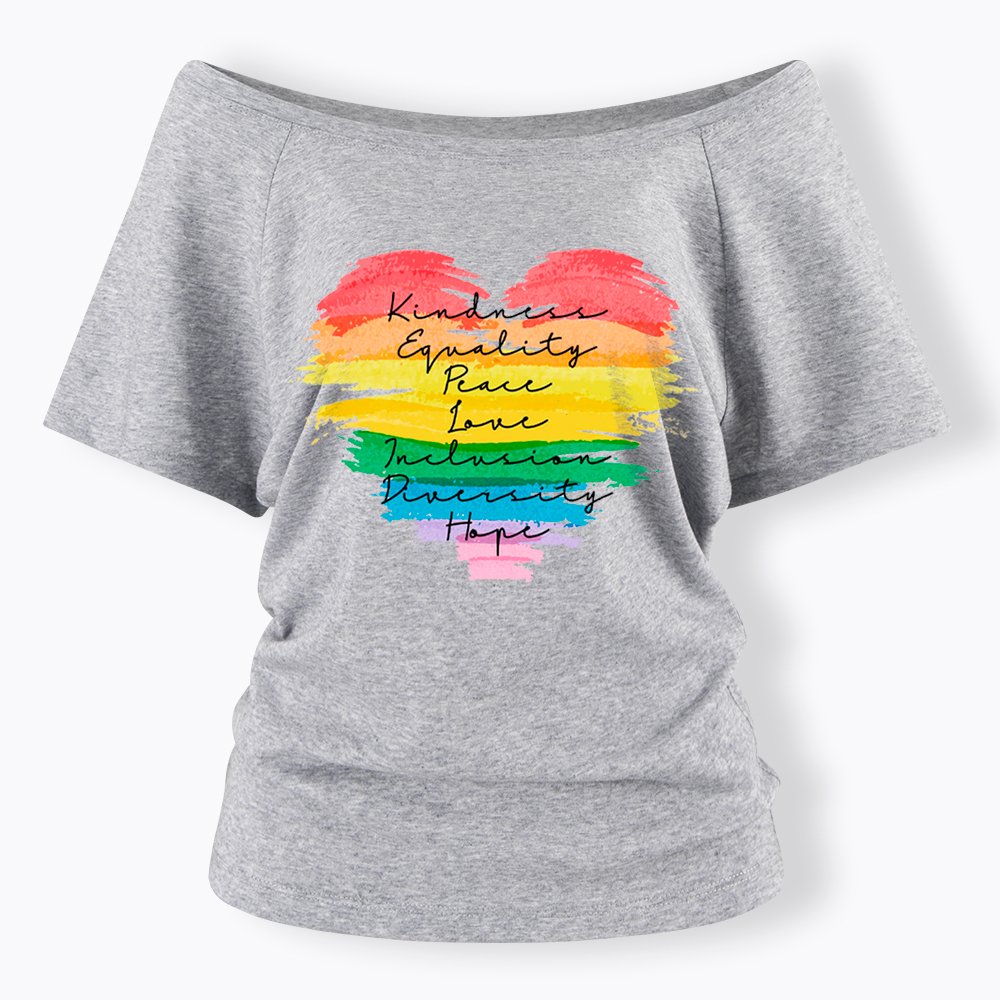 Kindness Equality Peace Love Inclusion Diversity Off Shoulder T-Shirt