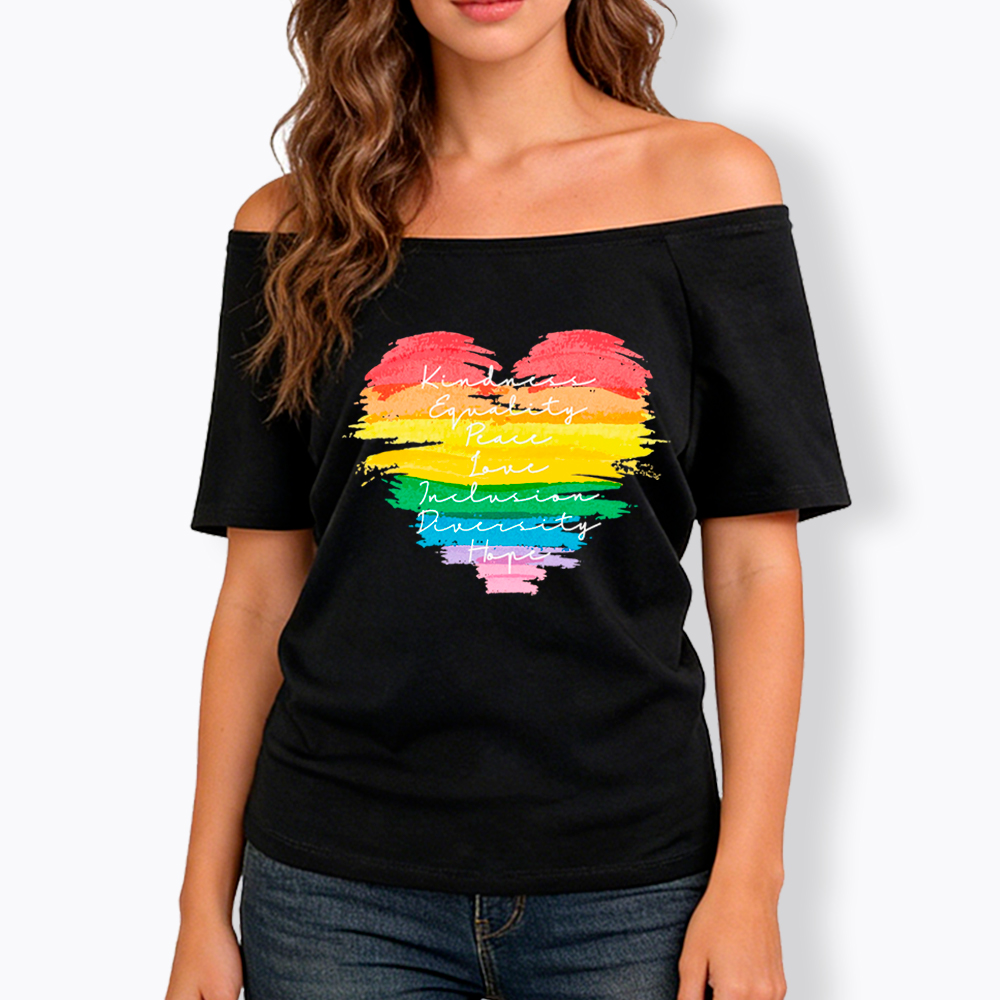 Kindness Equality Peace Love Inclusion Diversity Off Shoulder T-Shirt