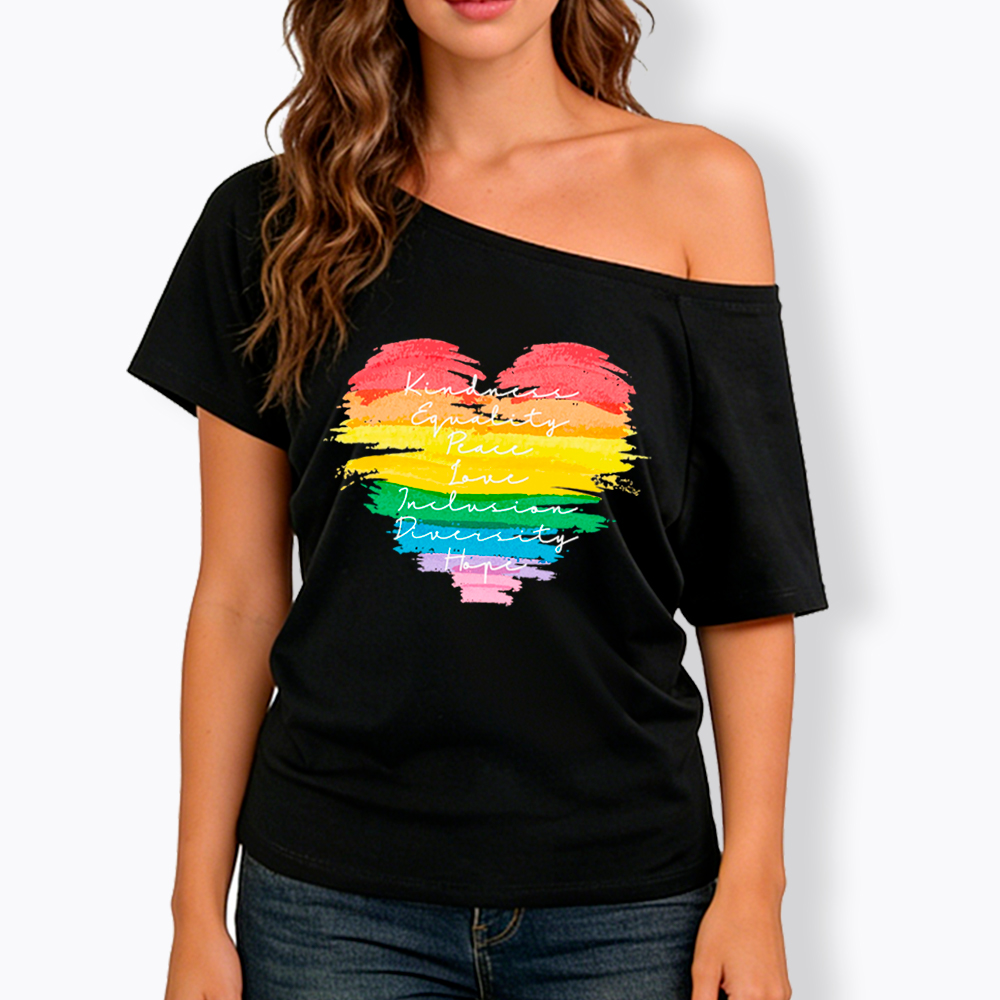 Kindness Equality Peace Love Inclusion Diversity Off Shoulder T-Shirt