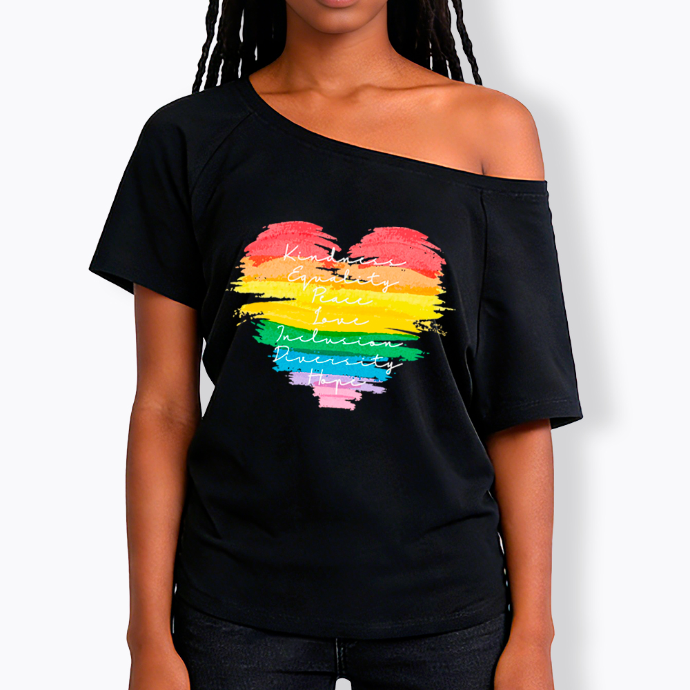 Kindness Equality Peace Love Inclusion Diversity Off Shoulder T-Shirt