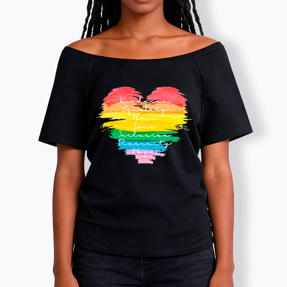 Kindness Equality Peace Love Inclusion Diversity Off Shoulder T-Shirt