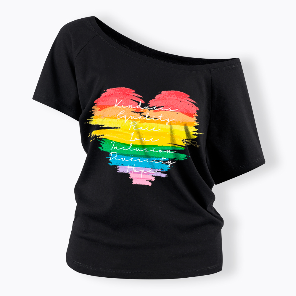 Kindness Equality Peace Love Inclusion Diversity Off Shoulder T-Shirt