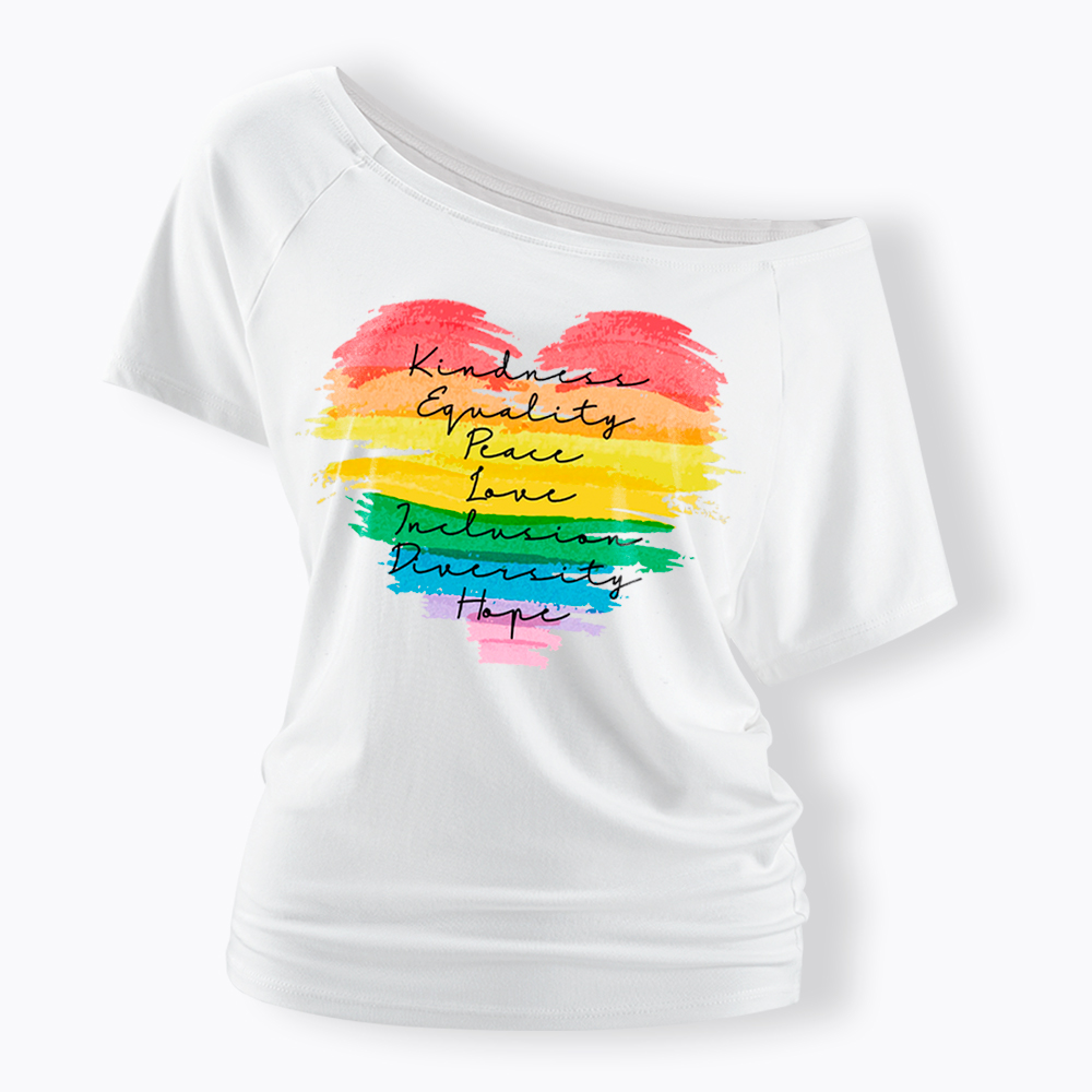 Kindness Equality Peace Love Inclusion Diversity Off Shoulder T-Shirt