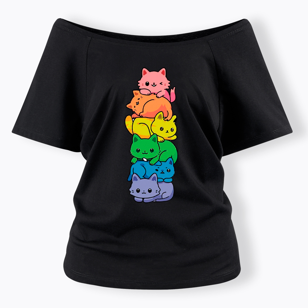 Rainbow Kitten Off Shoulder T-Shirt