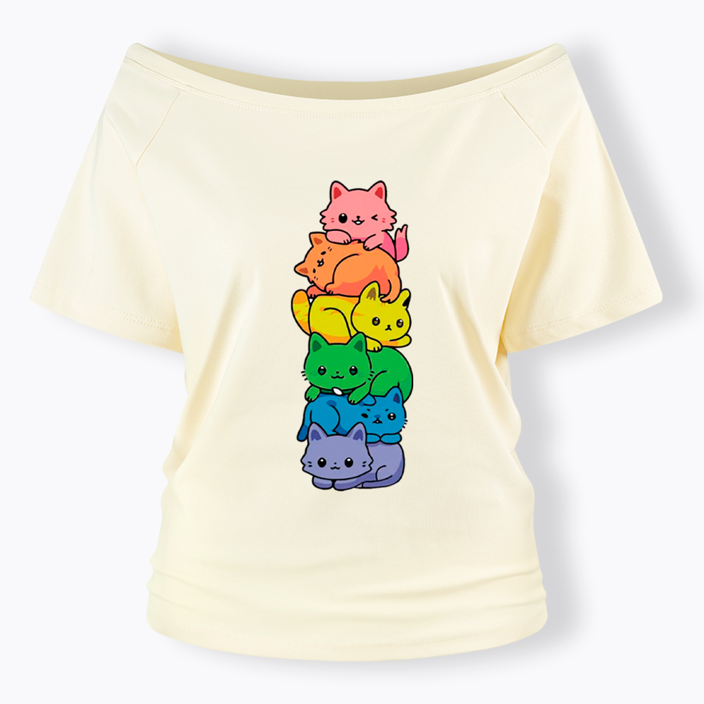 Rainbow Kitten Off Shoulder T-Shirt