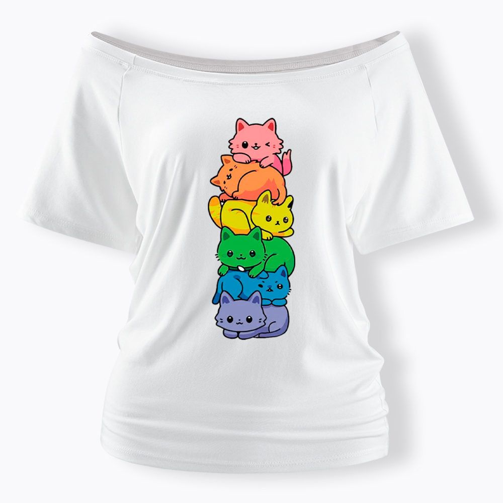 Rainbow Kitten Off Shoulder T-Shirt