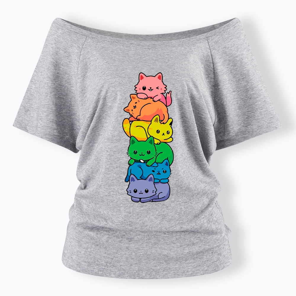 Rainbow Kitten Off Shoulder T-Shirt