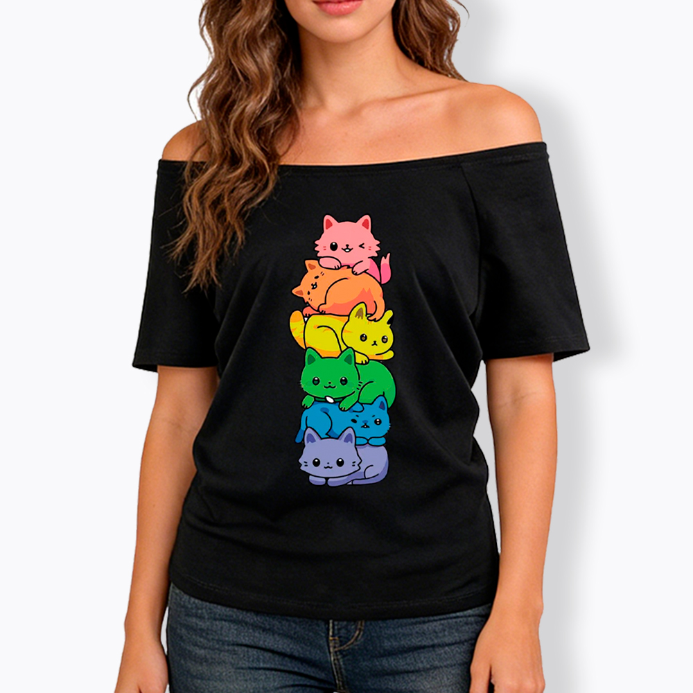 Rainbow Kitten Off Shoulder T-Shirt