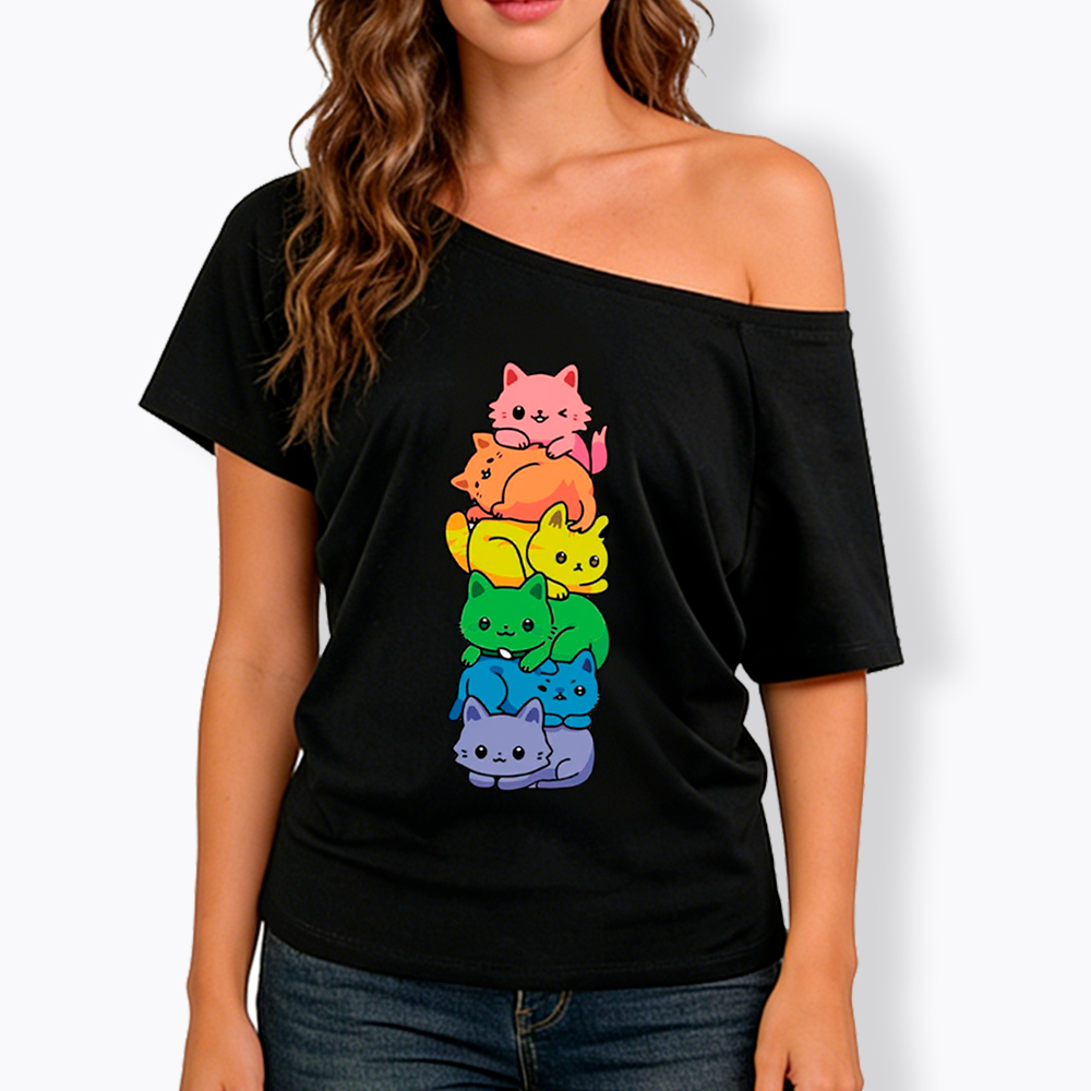 Rainbow Kitten Off Shoulder T-Shirt