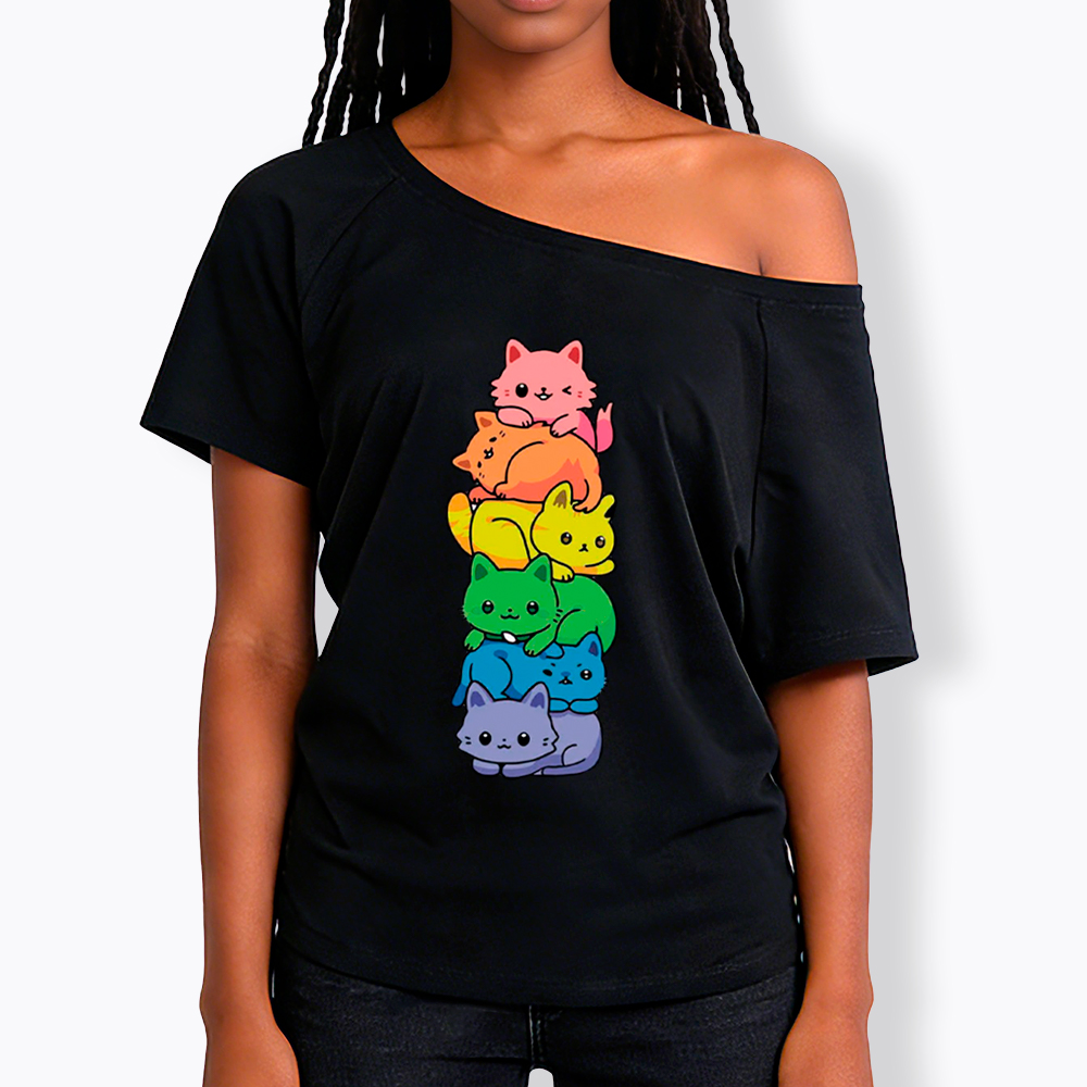 Rainbow Kitten Off Shoulder T-Shirt