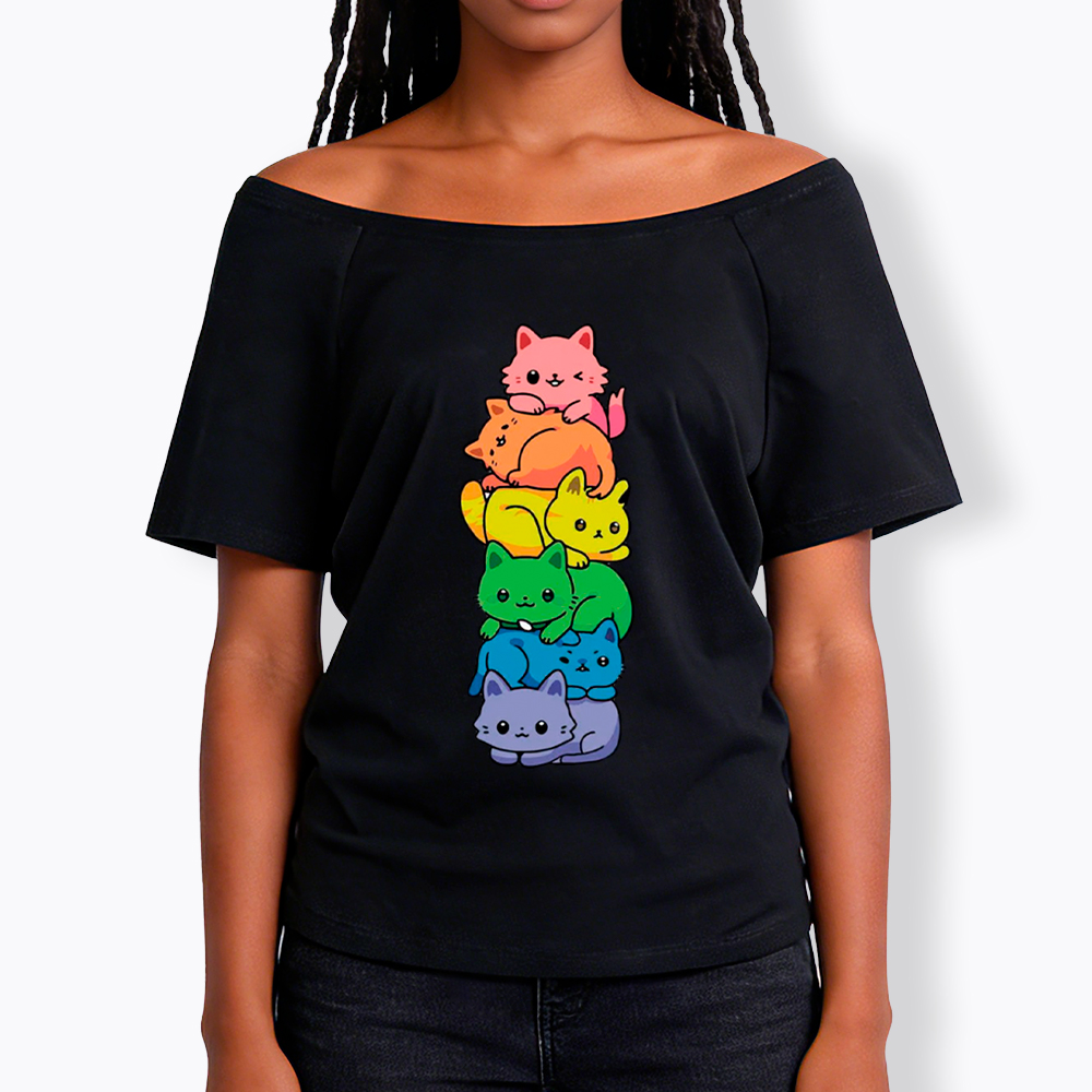 Rainbow Kitten Off Shoulder T-Shirt