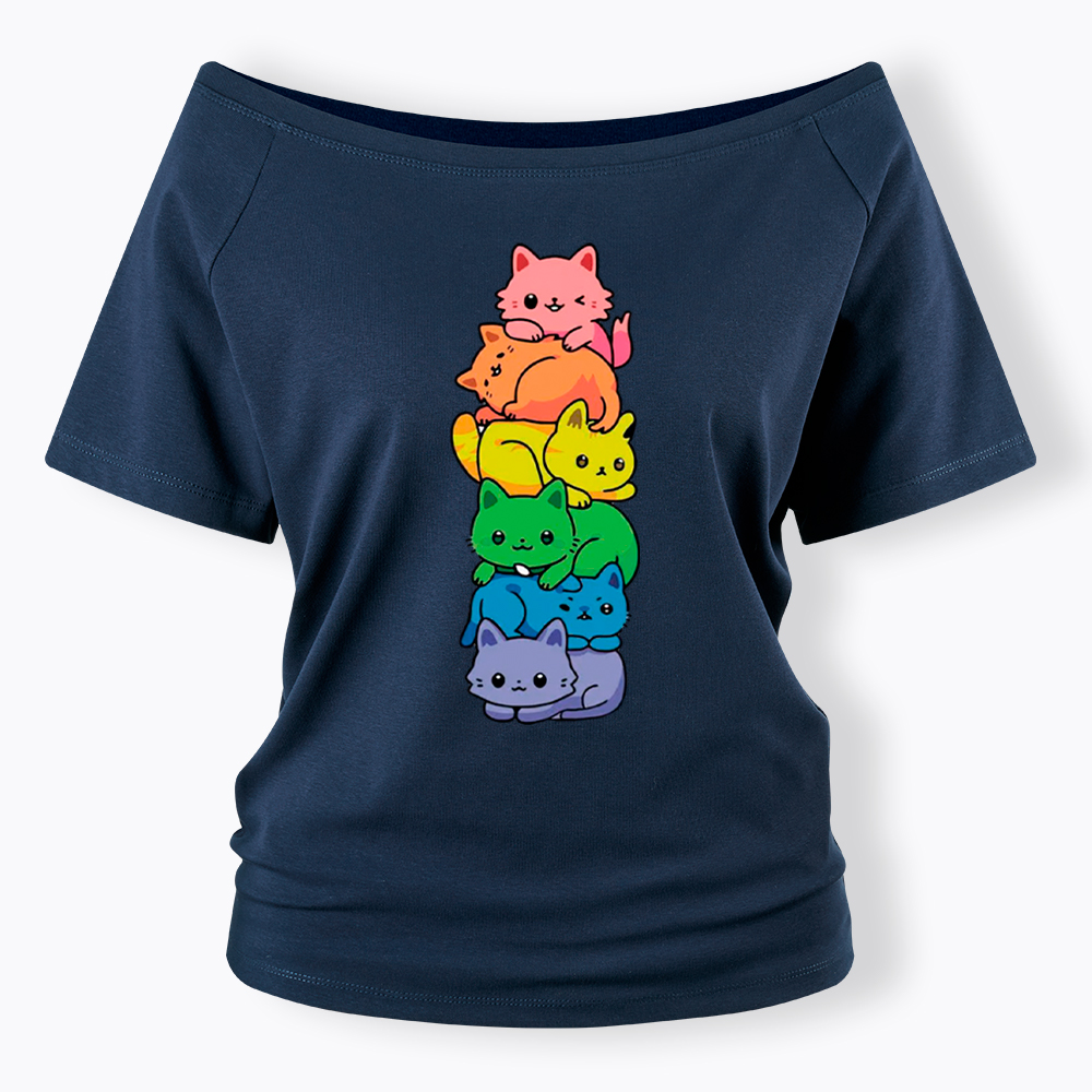 Rainbow Kitten Off Shoulder T-Shirt