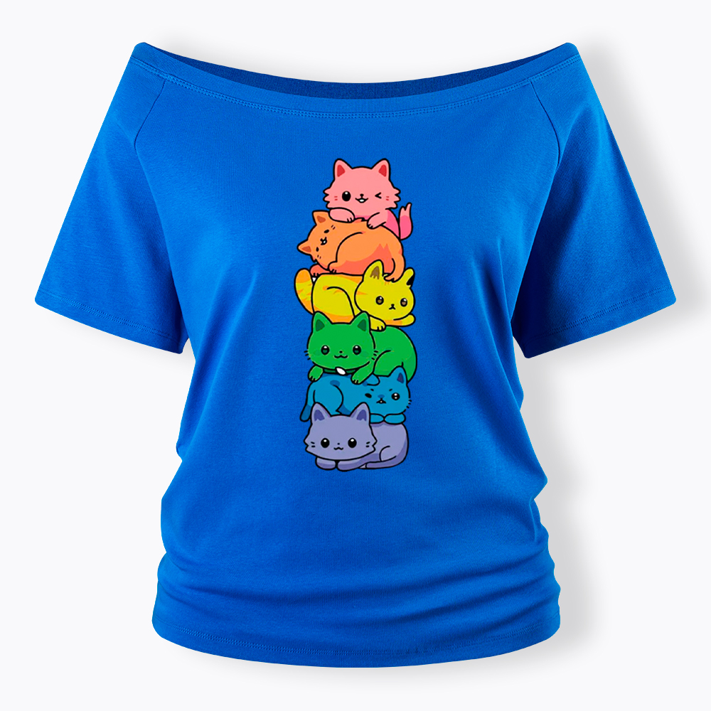 Rainbow Kitten Off Shoulder T-Shirt