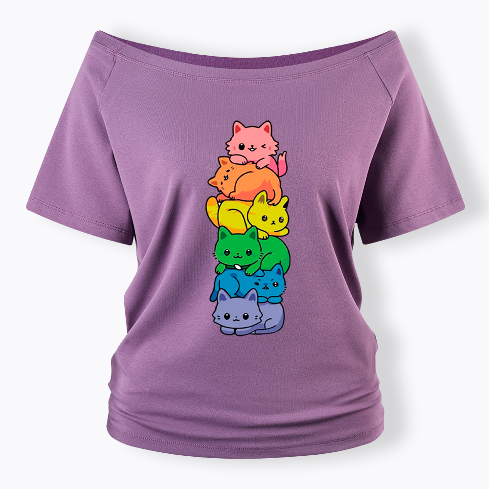 Rainbow Kitten Off Shoulder T-Shirt