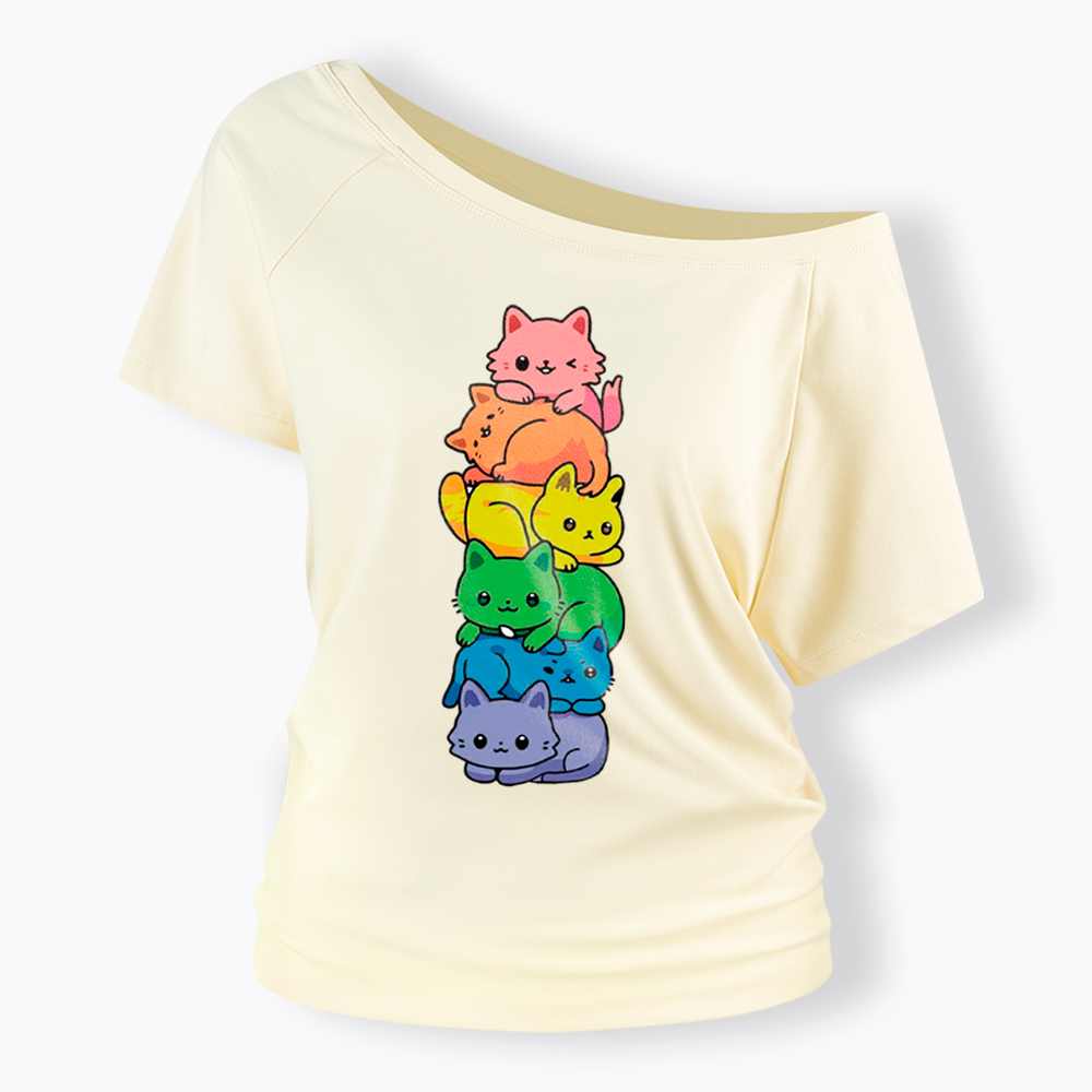 Rainbow Kitten Off Shoulder T-Shirt