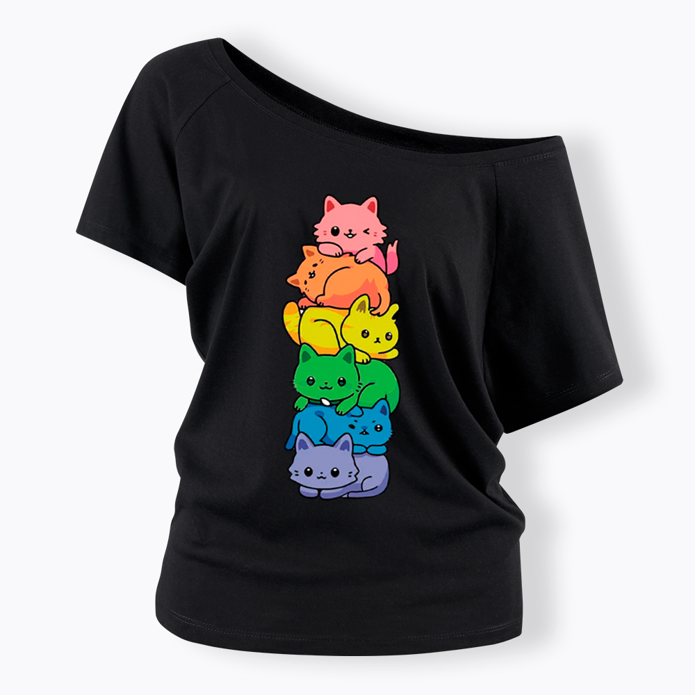 Rainbow Kitten Off Shoulder T-Shirt