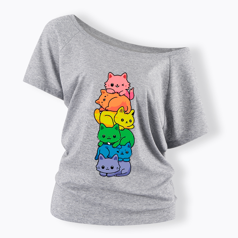 Rainbow Kitten Off Shoulder T-Shirt