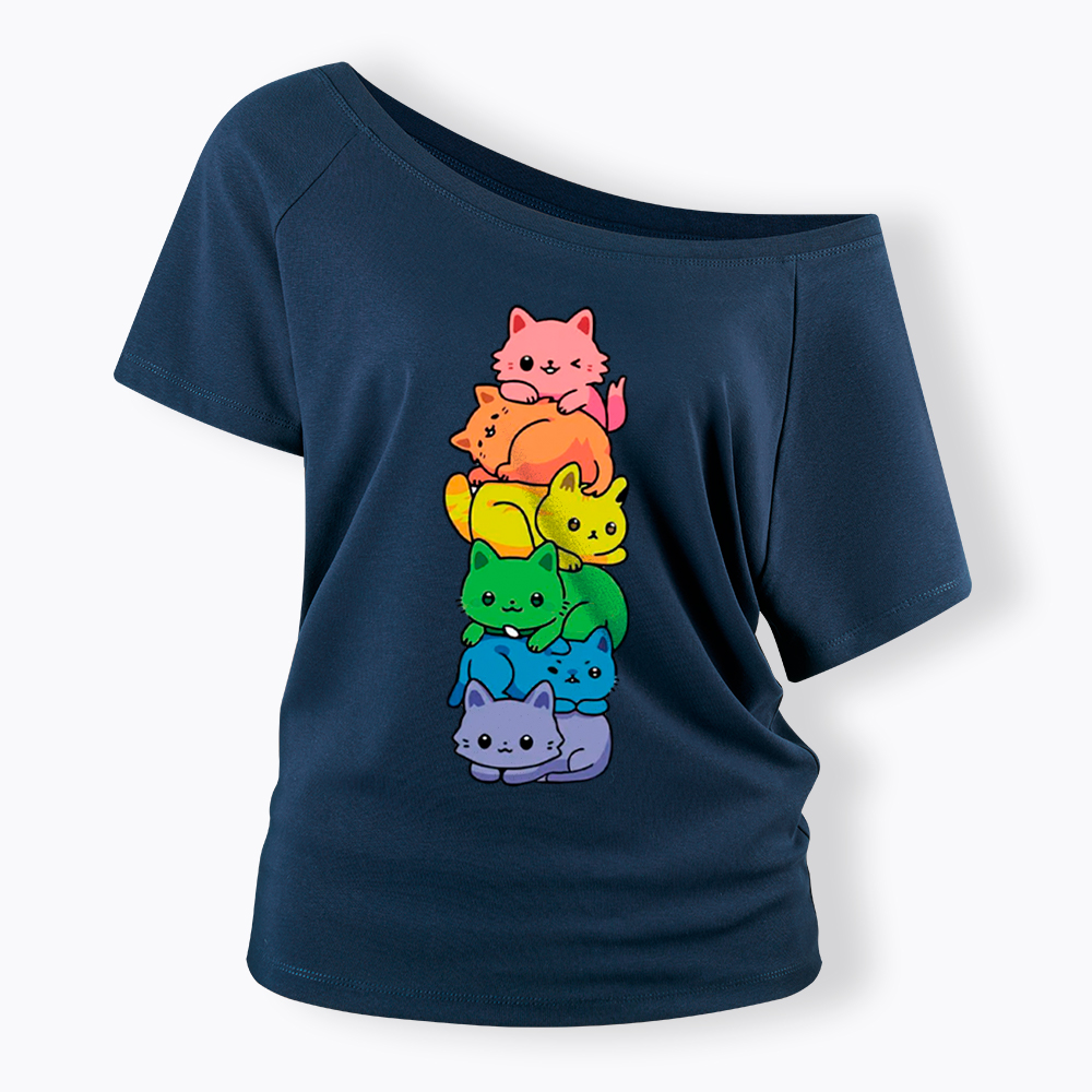 Rainbow Kitten Off Shoulder T-Shirt