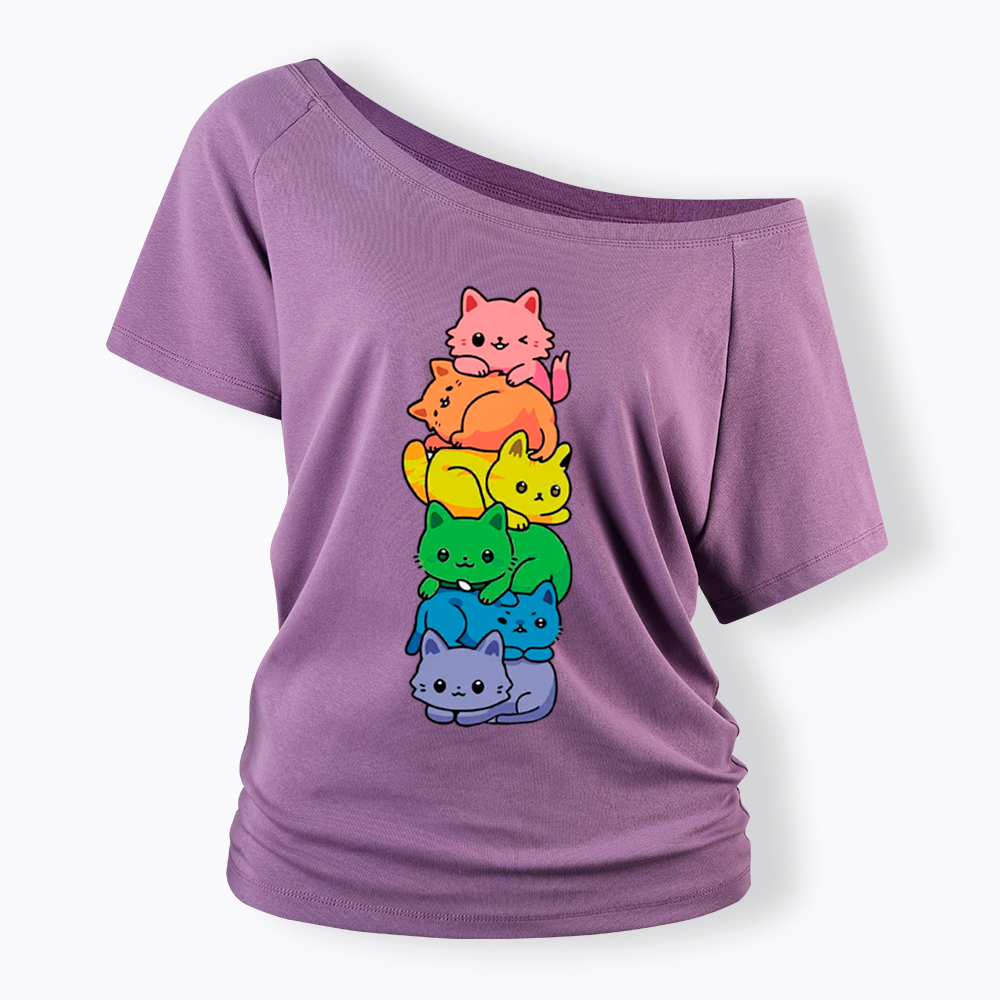 Rainbow Kitten Off Shoulder T-Shirt