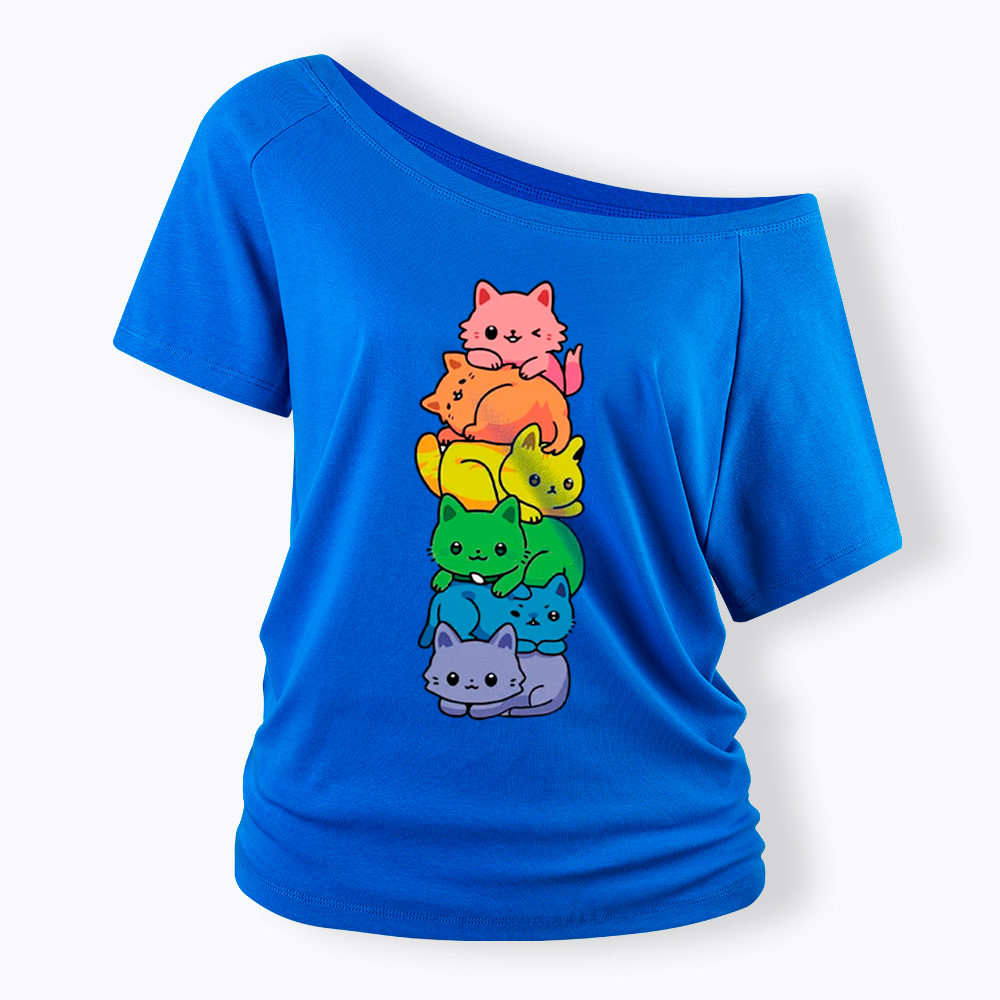Rainbow Kitten Off Shoulder T-Shirt