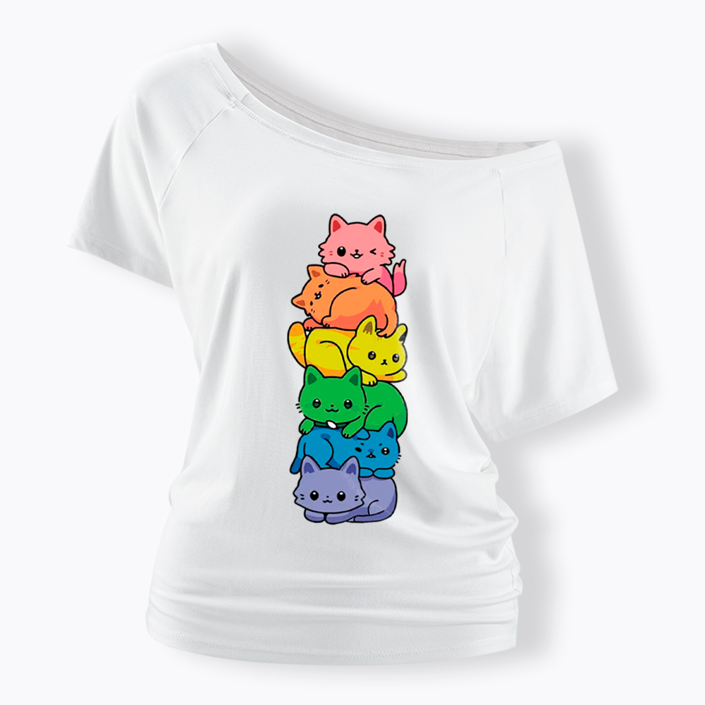Rainbow Kitten Off Shoulder T-Shirt