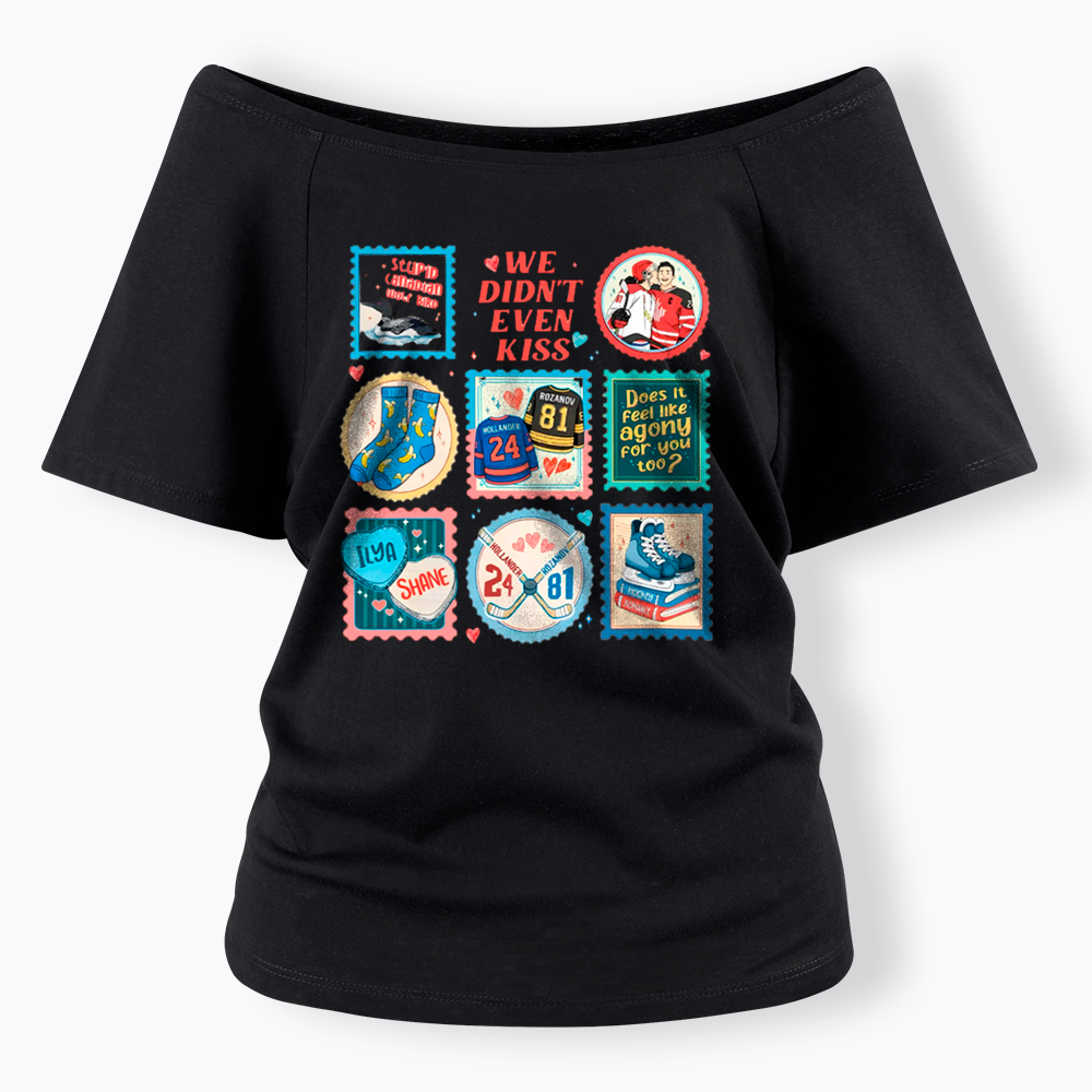 We Didn’t Even Kiss Hockey Romance Stamps Off Shoulder T-Shirt