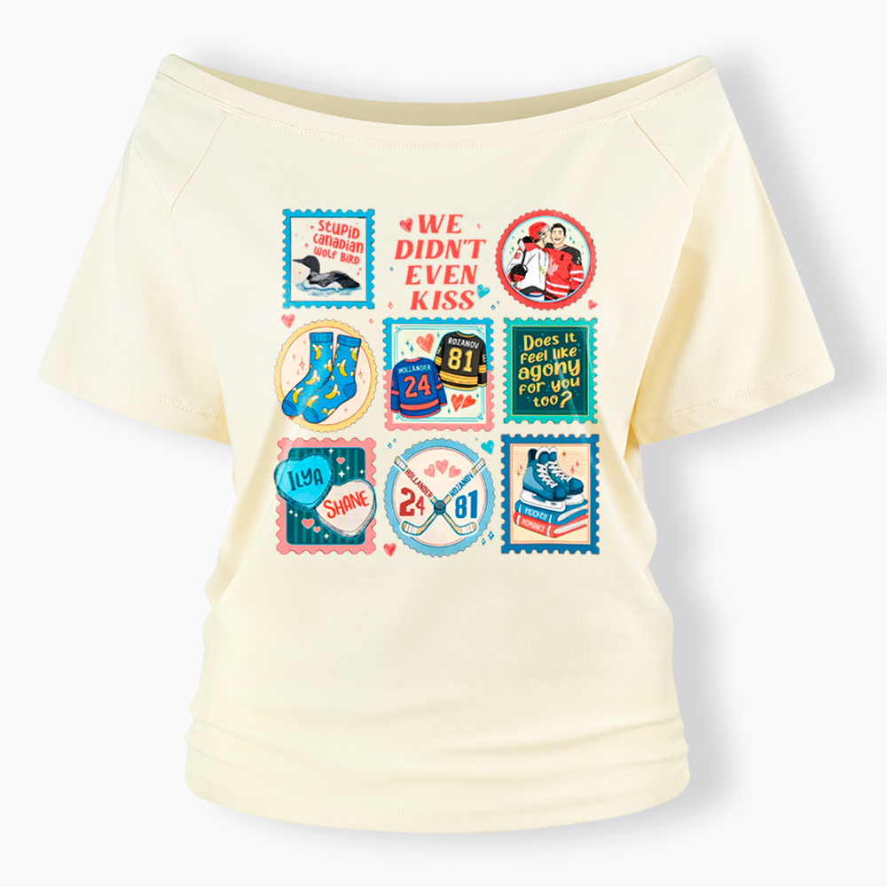 We Didn’t Even Kiss Hockey Romance Stamps Off Shoulder T-Shirt