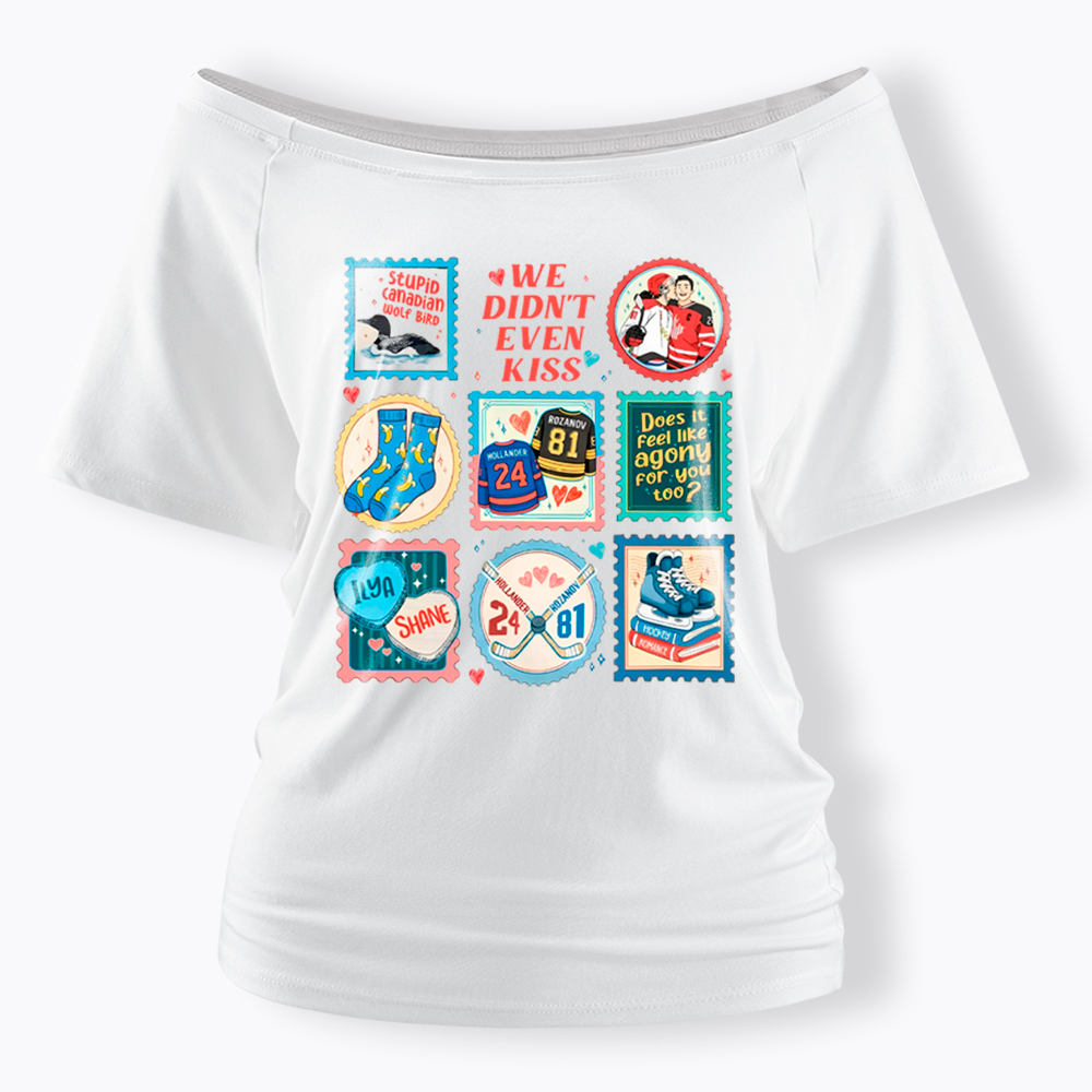 We Didn’t Even Kiss Hockey Romance Stamps Off Shoulder T-Shirt