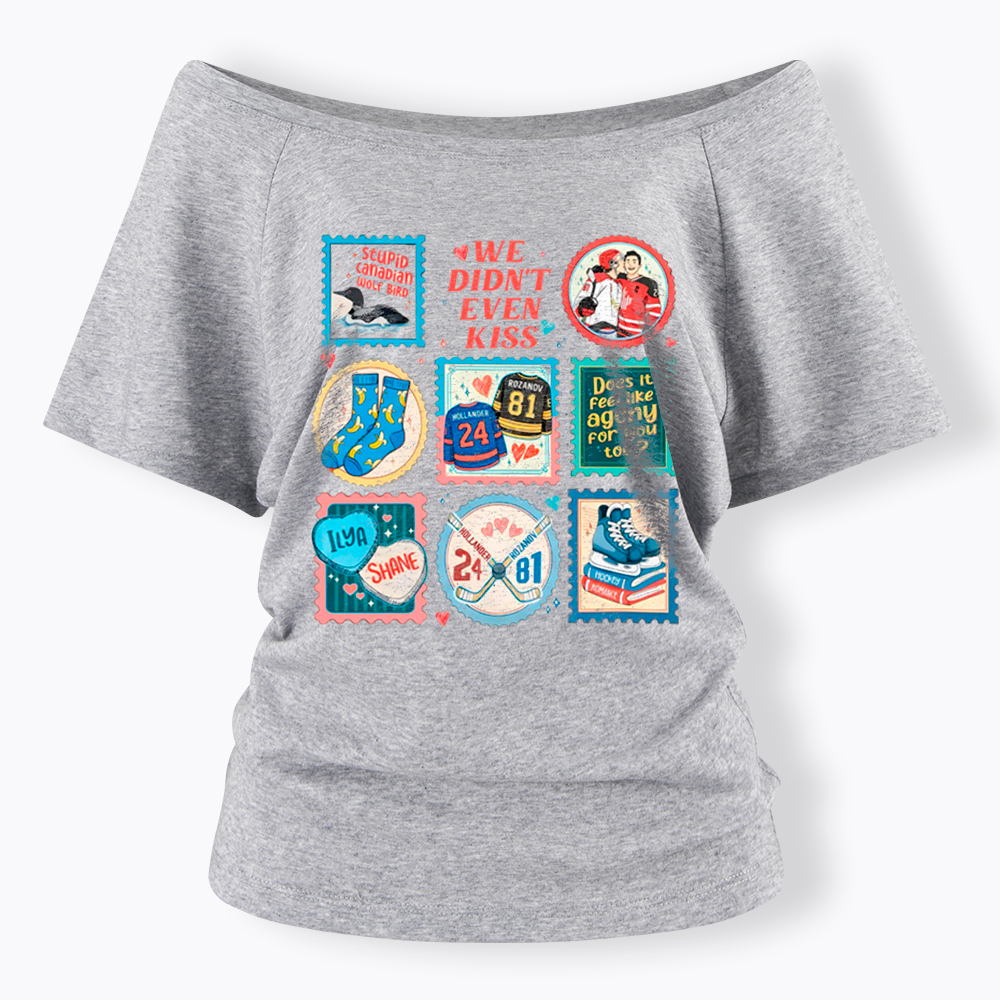 We Didn’t Even Kiss Hockey Romance Stamps Off Shoulder T-Shirt